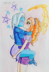 Size: 2436x3552 | Tagged: safe, artist:moribundbunny, derpibooru import, adagio dazzle, trixie, equestria girls, female, high res, kissing, lesbian, shipping, traditional art, triagio