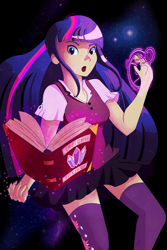 Size: 800x1200 | Tagged: safe, artist:windgear, twilight sparkle, book, clothes, galaxy, humanized, magic, skirt, solo, thigh highs, zettai ryouiki