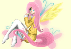 Size: 900x627 | Tagged: safe, artist:miniyume, fluttershy, clothes, floating wings, humanized, socks, solo, tailed humanization, thigh highs, winged humanization