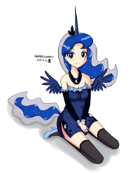 Size: 1500x1920 | Tagged: safe, artist:vanillafox2035, princess luna, human, clothes, horned humanization, humanized, socks, solo, tailed humanization, thigh highs, winged humanization