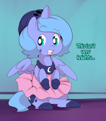 Size: 580x665 | Tagged: safe, artist:ende26, princess luna, alicorn, pony, ballet, clothes, cute, dress, filly, helmet, lunabetes, open mouth, sitting, solo, tutu, woona, woona knight