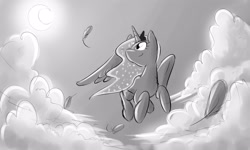 Size: 2500x1500 | Tagged: safe, artist:phuocthiencreation, princess luna, alicorn, pony, cloud, crescent moon, feather, female, flying, looking up, mare, monochrome, moon, sky, solo