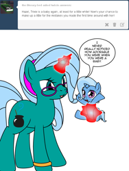 Size: 600x800 | Tagged: safe, artist:dekomaru, derpibooru import, trixie, oc, oc:hazel lulamoon, pony, unicorn, age regression, ask, baby, baby pony, female, foal, magic, mare, mother and child, mother and daughter, parent and child, tumblr, tumblr:ask twixie