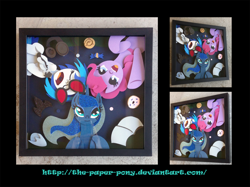 Size: 1280x958 | Tagged: safe, artist:the-paper-pony, dj pon-3, pinkie pie, princess luna, vinyl scratch, book, commission, craft, irl, photo, shadowbox