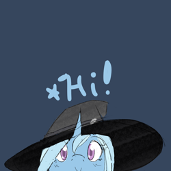 Size: 1000x1000 | Tagged: safe, artist:thattagen, derpibooru import, trixie, pony, unicorn, :>, blue background, cute, diatrixes, female, hat, hi, horn, looking at you, mare, peeking, simple background, smiling, solo, text, witch hat