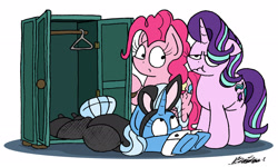 Size: 2056x1234 | Tagged: safe, artist:bobthedalek, derpibooru import, pinkie pie, starlight glimmer, trixie, earth pony, pony, unicorn, the maud couple, bunny suit, closet, clothes, cuffs (clothes), female, fishnet stockings, high heels, inconvenient trixie, mare, prone, scrunchy face, shoes, simple background, starlight is not amused, unamused, white background