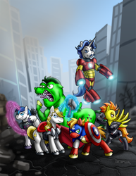 Size: 1000x1294 | Tagged: dead source, safe, artist:pluckyninja, big macintosh, bulk biceps, fancypants, prince blueblood, shining armor, spitfire, earth pony, pony, unicorn, avengers, male, parody, stallion