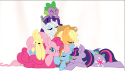 Size: 923x525 | Tagged: safe, artist:dessacrow, derpibooru import, applejack, fluttershy, pinkie pie, rainbow dash, rarity, spike, twilight sparkle, dragon, earth pony, pegasus, pony, unicorn, mane seven, mane six, pony pile, sleep pile, sleeping