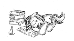 Size: 1503x837 | Tagged: safe, artist:geminishadows, derpibooru import, trixie, pony, unicorn, book, candle, drool, female, mare, monochrome, sleeping, solo, traditional art