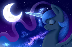 Size: 1024x672 | Tagged: safe, artist:musicfirewind, princess luna, alicorn, pony, eyes closed, magic, moon, smiling, solo