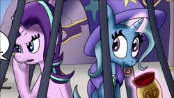 Size: 1280x720 | Tagged: safe, artist:thebadgrinch, derpibooru import, starlight glimmer, trixie, pony, unicorn, my little pony: the movie, cage, cape, captured, clothes, cropped, duo, food, hat, pretzel, trixie's cape, trixie's hat