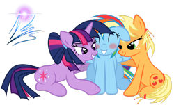 Size: 1600x966 | Tagged: safe, artist:nightmaremoons, derpibooru import, applejack, rainbow dash, twilight sparkle, earth pony, pegasus, pony, alternate hairstyle, appledash, bedroom eyes, blushing, female, lesbian, shipping, twidash