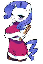 Size: 599x884 | Tagged: safe, artist:aruurara, rarity, anthro, blushing, clothes, cute, dress, female, one eye closed, raribetes, simple background, sleeveless, solo, stockings, sweater, thigh highs, turtleneck, white background