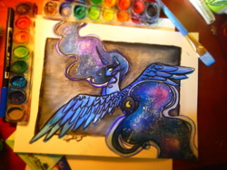 Size: 1024x768 | Tagged: safe, artist:zzzshadows, princess luna, alicorn, pony, looking back, solo, spread wings, traditional art