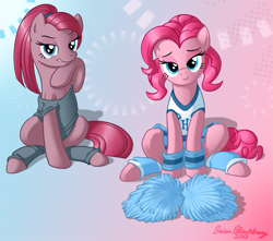 Size: 743x658 | Tagged: safe, artist:brianblackberry, pinkie pie, earth pony, pony, abstract background, bedroom eyes, cheerleader, cheerleader pinkie, clothes, duality, female, leg warmers, mare, pinkamena diane pie, pom pom, sitting, solo, wristband