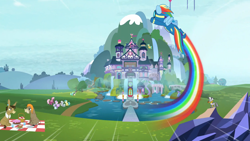 Size: 1920x1080 | Tagged: safe, derpibooru import, screencap, bon bon, cheerilee, cranky doodle donkey, diamond tiara, lyra heartstrings, matilda, pipsqueak, rainbow dash, silver spoon, sunshower raindrops, sweetie drops, trixie, zecora, donkey, earth pony, pegasus, pony, zebra, spoiler:s08, clothes, flying, intro, picnic, rainbow trail, school, school of friendship, speed trail, theme song, uniform, wonderbolts uniform