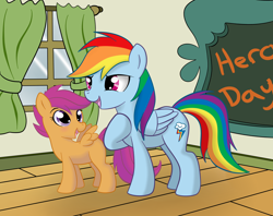 Size: 1744x1378 | Tagged: dead source, safe, artist:grumblepluck, rainbow dash, scootaloo, pegasus, pony, chalkboard, female, filly, mare, school, scootalove