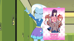 Size: 1070x602 | Tagged: safe, derpibooru import, edit, edited screencap, screencap, trixie, better together, equestria girls, forgotten friendship, canterlot high, doki doki literature club, exploitable meme, female, hallway, lockers, meme, monika, monika pose, natsuki, sayori, trixie's poster, waifu wars, yuri (ddlc)