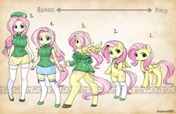 Size: 1600x1035 | Tagged: safe, artist:shepherd0821, fluttershy, anthro, human, pegasus, pony, semi-anthro, unguligrade anthro, :3, :o, anthro chart, anthro with ponies, beret, big breasts, bipedal, breasts, chart, clothes, cute, female, hat, hootershy, humanized, line-up, looking at you, looking back, mare, off shoulder, off shoulder sweater, open mouth, scale, skirt, sleeveless turtleneck, smiling, socks, spread wings, sweater, sweater puppies, sweatershy, thigh highs, wings