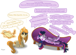 Size: 6352x4546 | Tagged: safe, artist:psyxofthoros, derpibooru import, twilight sparkle, oc, oc:psyche, unicorn, absurd resolution, fourth wall, insanity, magic, meta, notepad, quill, telekinesis, twilight snapple