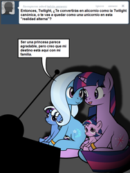 Size: 600x800 | Tagged: safe, artist:dekomaru, derpibooru import, trixie, twilight sparkle, oc, oc:aurora, oc:nebula, pony, unicorn, ask, baby, baby pony, colt, female, filly, lesbian, magical lesbian spawn, male, offspring, parent:trixie, parent:twilight sparkle, parents:twixie, shipping, spanish, translation, tumblr, tumblr:ask twixie, twixie