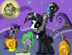 Size: 1280x984 | Tagged: safe, artist:mitsi1991, derpibooru import, applejack, fluttershy, pinkie pie, rainbow dash, rarity, spike, twilight sparkle, dragon, earth pony, pegasus, pony, unicorn, crossover, halloween, holiday, jack skellington, jack-o-lantern, mane six, parody, pumpkin, shadowbolt dash, the nightmare before christmas, tim burton