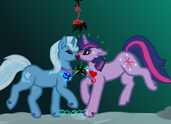 Size: 516x373 | Tagged: safe, artist:artsyowlfree3, derpibooru import, trixie, twilight sparkle, unicorn twilight, pony, unicorn, female, holly, holly mistaken for mistletoe, jewelry, kissing, lesbian, mare, necklace, race swap, shipping, story included, sweat, twixie