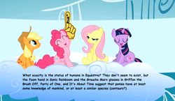 Size: 1076x625 | Tagged: safe, derpibooru import, edit, edited screencap, screencap, applejack, fluttershy, pinkie pie, twilight sparkle, earth pony, pegasus, pony, sonic rainboom (episode), #1, foam finger, meta, text, text meta