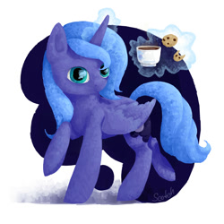 Size: 2000x2000 | Tagged: safe, artist:solar-claw, princess luna, alicorn, pony, chocolate, coffee, cookie, magic, mug, s1 luna, solo, telekinesis