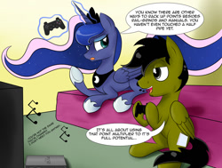 Size: 1024x776 | Tagged: safe, artist:dangercloseart, princess luna, oc, alicorn, pony, controller, gamer luna, magic, style emulation, telekinesis, tony hawk, tony hawk's pro skater, video game