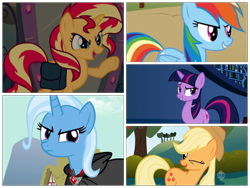 Size: 1024x768 | Tagged: safe, derpibooru import, screencap, applejack, rainbow dash, sunset shimmer, trixie, twilight sparkle, pony, equestria girls