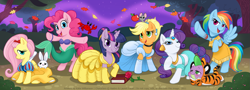 Size: 1329x480 | Tagged: safe, artist:patchwerk-kw, derpibooru import, applejack, fluttershy, pinkie pie, rainbow dash, rarity, spike, twilight sparkle, dragon, earth pony, pegasus, pony, unicorn, ariel, belle, cinderella, clothes, costume, disney, dress, jasmine, mane seven, midriff, parody, pocahontas, rajah, seashell, snow white, squaw dash