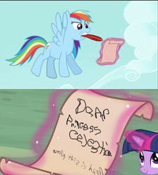 Size: 500x552 | Tagged: safe, derpibooru import, edit, edited screencap, screencap, mare do well, rainbow dash, twilight sparkle, pegasus, pony, the mysterious mare do well, comic, duo, karma, mouth drawing, mouth hold, pen, quill, quill pen, scroll