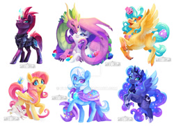 Size: 1024x742 | Tagged: safe, artist:flying-fox, derpibooru import, angel bunny, fluttershy, princess luna, princess skystar, rarity, spike, tempest shadow, trixie, alicorn, butterfly, classical hippogriff, dragon, earth pony, hippogriff, pegasus, pony, rabbit, unicorn, my little pony: the movie, adult, adult spike, armor, cape, clothes, crown, female, hat, jewelry, looking at you, male, mare, older, older spike, regalia, shelldon, shelly, shipping, simple background, sparity, straight, trixie's cape, trixie's hat, watermark, white background