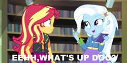 Size: 1024x507 | Tagged: safe, derpibooru import, sunset shimmer, trixie, better together, equestria girls, forgotten friendship, barrette, bugs bunny, carrot, food, looney tunes, meme