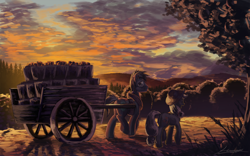 Size: 1920x1200 | Tagged: safe, artist:huussii, applejack, big macintosh, earth pony, pony, apple, cart, crate, female, male, mare, scenery, scenery porn, stallion, sunset