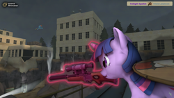 Size: 2880x1620 | Tagged: safe, artist:chaotrix, derpibooru import, derpy hooves, rainbow dash, twilight sparkle, pegasus, pony, unicorn, 3d, female, flying, glowing horn, gun, hooves, horn, levitation, magic, mare, optical sight, rifle, ruins, sniper rifle, source filmmaker, spread wings, team fortress 2, telekinesis, weapon, wings