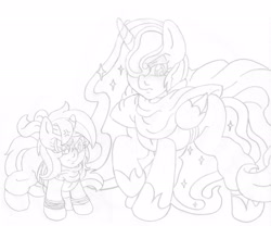 Size: 2286x1900 | Tagged: safe, artist:blackbewhite2k7, amethyst star, princess luna, sparkler, alicorn, pony, crossover, dragon ball z, gohan, monochrome, piccolo (dbz), sketch, wip, younger