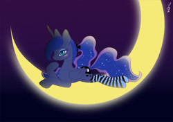 Size: 900x633 | Tagged: safe, artist:yokku11nyan, princess luna, alicorn, pony, clothes, moon, socks, solo, tangible heavenly object