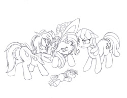 Size: 1036x800 | Tagged: safe, artist:wrabbit, derpibooru import, cheerilee, spitfire, trixie, twilight sparkle, argument, cheerilight, fanfic art, female, floppy ears, frown, glare, lesbian, lineart, monochrome, open mouth, plushie, shipping, spread wings, twifire, twixie