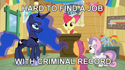 Size: 640x360 | Tagged: safe, apple bloom, princess luna, scootaloo, sweetie belle, alicorn, pony, bloom and gloom, balloon rainbow dash, criminal record, cutie mark crusaders, image macro, meme, nyan dash, rainbow dash poster