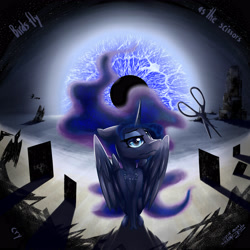 Size: 5000x5000 | Tagged: safe, artist:duop-qoub, princess luna, alicorn, bird, pony, absurd resolution, chest fluff, eye, floppy ears, scissors, sitting, solo, spread wings, surreal, wavy mouth