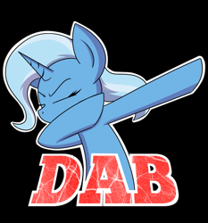 Size: 657x705 | Tagged: safe, artist:pandramodo, artist:pj-nsfw, derpibooru import, trixie, pony, unicorn, black background, dab, eyes closed, female, image macro, mare, meme, simple background, solo