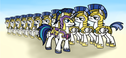 Size: 4300x1985 | Tagged: safe, artist:wolframclaws, shining armor, pegasus, pony, unicorn, armor, captain shining armor, gradient background, helmet, hoof shoes, inspection, line-up, male, royal guard, stallion