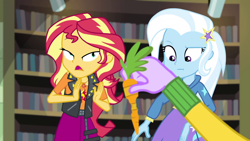 Size: 1920x1080 | Tagged: safe, derpibooru import, screencap, microchips, sunset shimmer, trixie, better together, equestria girls, forgotten friendship, carrot, food, library