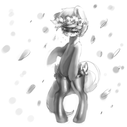 Size: 870x870 | Tagged: safe, artist:mewball, lyra heartstrings, pony, unicorn, bipedal, clothes, crying, floral head wreath, flower, flower in hair, garland, grayscale, missing horn, monochrome, solo, stockings, thigh highs