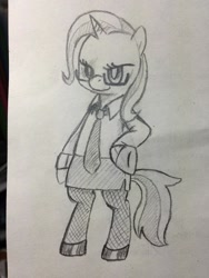 Size: 768x1024 | Tagged: safe, artist:tebasaki, derpibooru import, trixie, pony, bipedal, clothes, glasses, grayscale, monochrome, simple background, skirt, solo, stockings, suit, traditional art