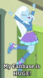 Size: 468x848 | Tagged: safe, derpibooru import, edit, edited screencap, screencap, trixie, better together, equestria girls, forgotten friendship, boots, clothes, cute, female, hands up, high heel boots, hoodie, image macro, jumping, lockers, meme, shoes, skirt, socks, solo, trixie yells at everything