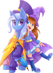 Size: 900x1234 | Tagged: safe, artist:scarlet-spectrum, derpibooru import, trixie, human, pony, unicorn, a hat in time, boots, cape, clothes, clothes swap, cute, diatrixes, equestria girls outfit, female, hat, hat kid, mare, shoes, simple background, transparent background, trixie's cape, trixie's hat, umbrella, video game, watermark
