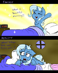 Size: 950x1200 | Tagged: safe, artist:ichibangravity, derpibooru import, trixie, pony, unicorn, alarm clock, bed, bed mane, chest fluff, clock, comic, comparison, expectation vs reality, female, floppy ears, fluffy, mare, messy mane, morning ponies, prone, smiling, solo, stretching, tired, unshorn fetlocks, waking up, wide eyes